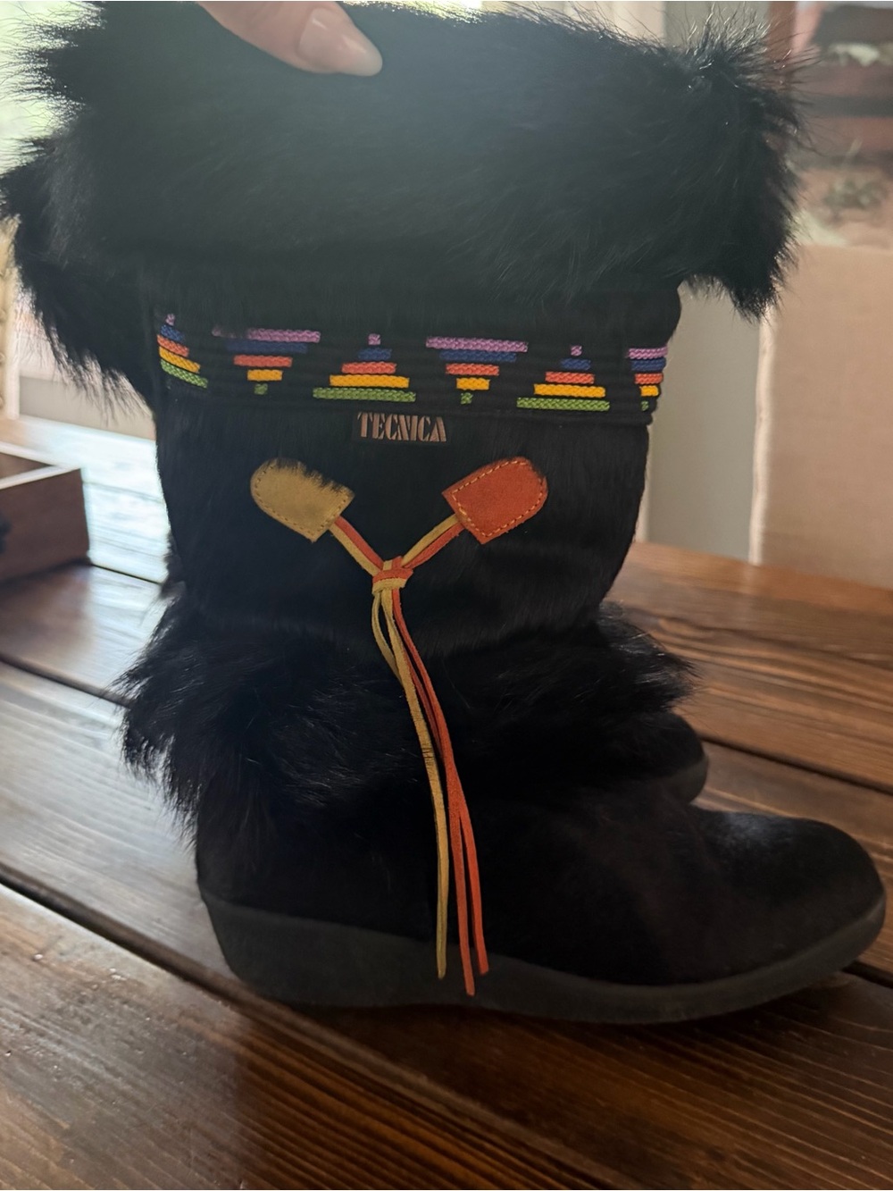 Amazing Vintage Tecnica Black Fur Boots w Colorful Accents made in Italy Sz 38